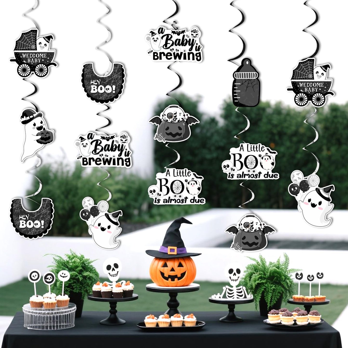 Kreatwow Halloween Baby Shower Decorations Black White 24pcs A Little Boo Is Almost Due Hanging Swirls A Baby Is Brewing Party Little Boo Party Decor Spooky Hanging Streamer for Pregnancy Celebration