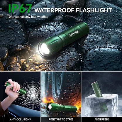 LETMY Tactical Flashlight - 2 Pack Bright Military Grade LED Flashlights High Lumens - Portable Handheld Flash Light, 5 Modes Zoomable Waterproof Flashlights for Home Emergency Camping- Green