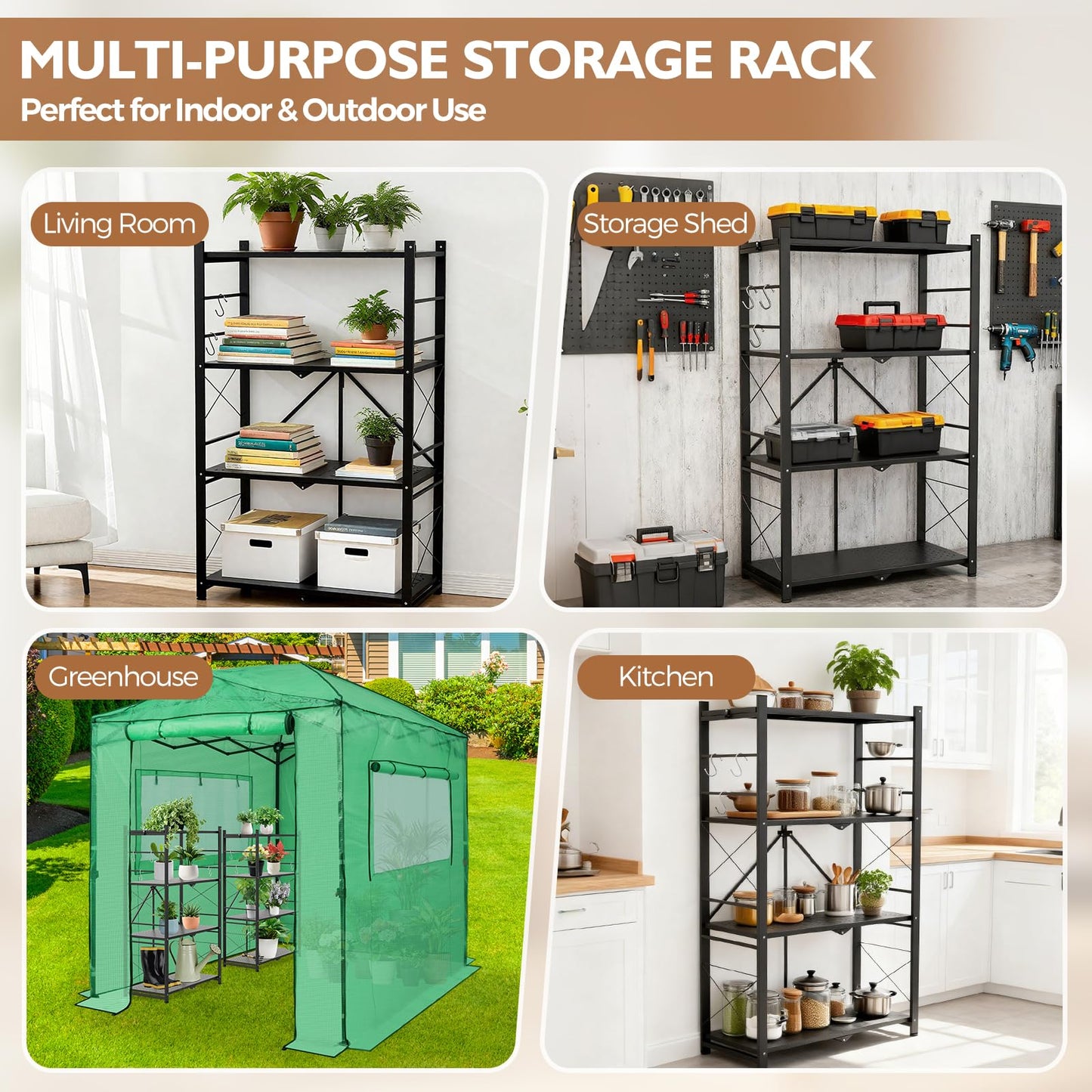 EAGLE PEAK 4-Tier Foldable Greenhouse Shelf, Heavy Duty Metal Storage Rack, No Assembly Steel Shelving Unit, Plant Stand for Greenhouse and Multi-Use Storage, 28”x14.6”x44.7”, 520 lbs, 2 Pack, Black