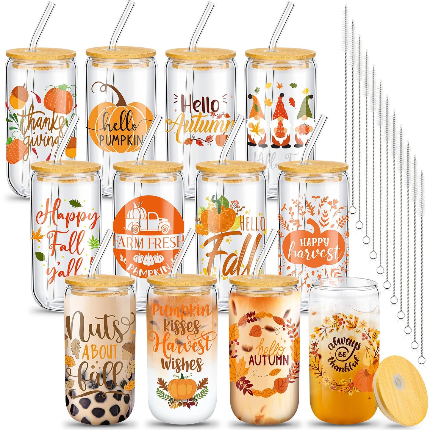 Umigy 12 Pack Fall Drinking Glasses Bulk 16oz Fall Ice Coffee Cups Pumpkin Glass Mug Jars with Bamboo Lid Straw Halloween Cups Thanksgiving Glassware Drinking Tumbler for Autumn Harvest Gifts