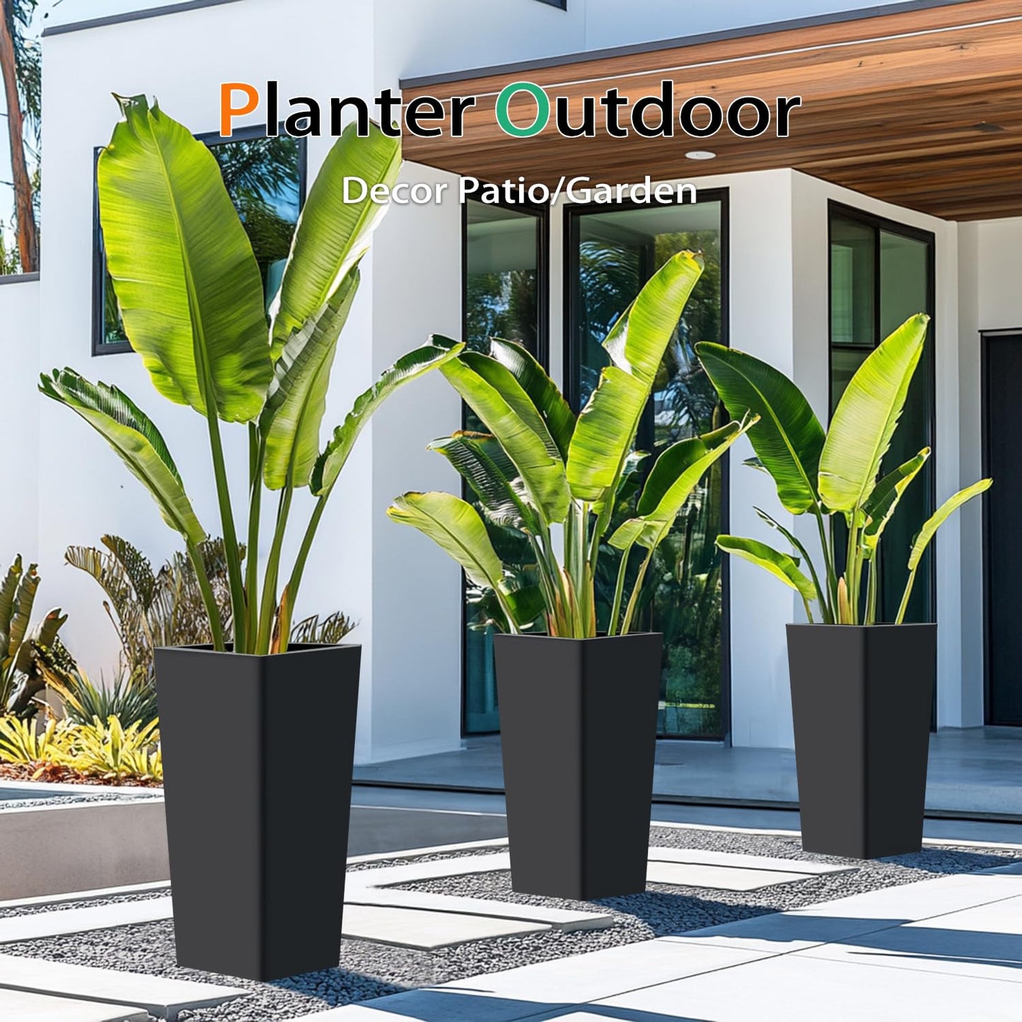 Heyzier Tall Planters for Outdoor Plants, Large Resin Flower Pots for Garden, Front Porch, Patio, Indoor - Set of 2 (Black, 28 inch - 2 Pack)