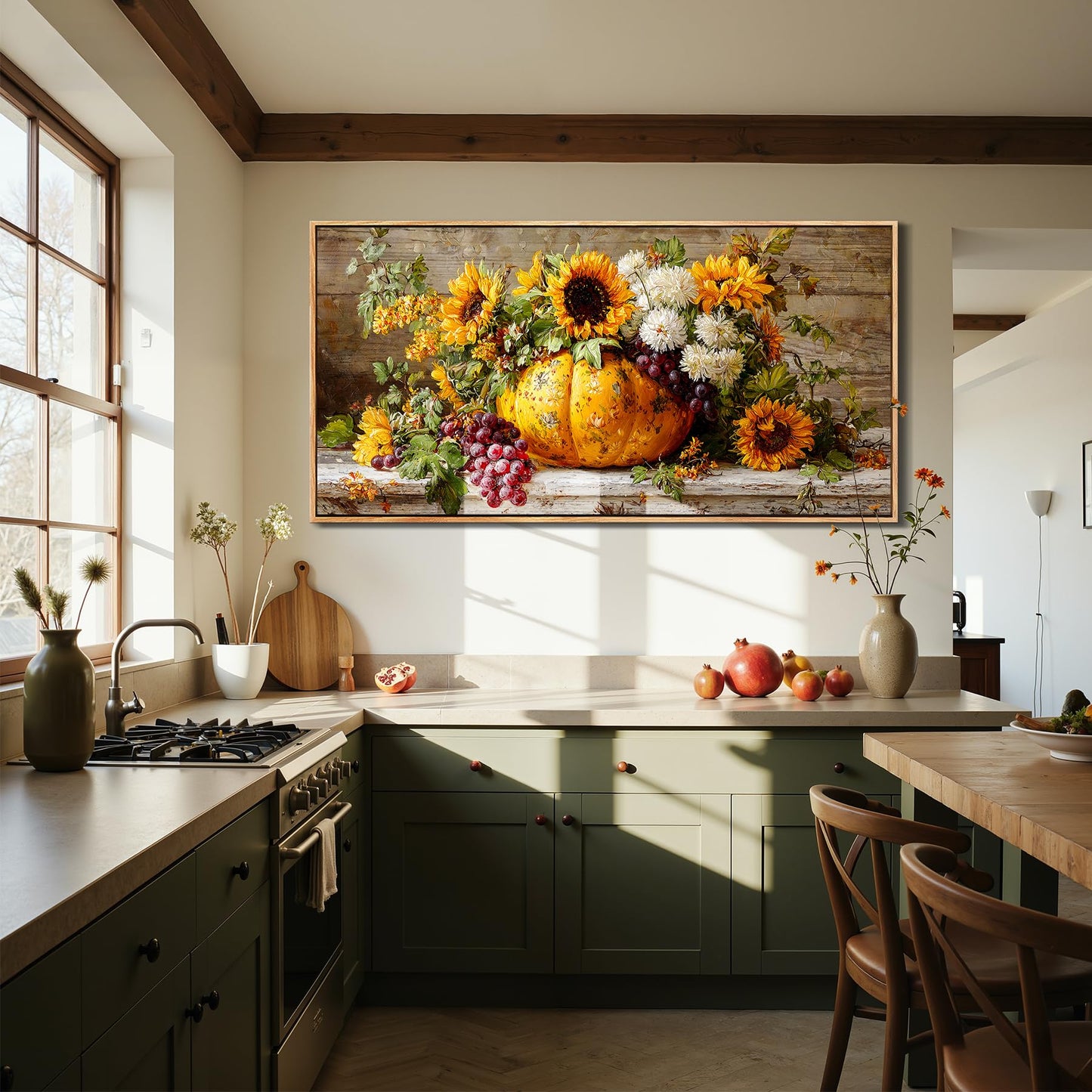 SERIMINO Oversized Wall Art, Flower Wall Art, Framed Artwork for Walls, Sunflower Botanical Prints, Pumpkin Fruit Large Painting, Rustic Pictures Wall Decor Living Room Dining Room Farmhouse 29"x57"
