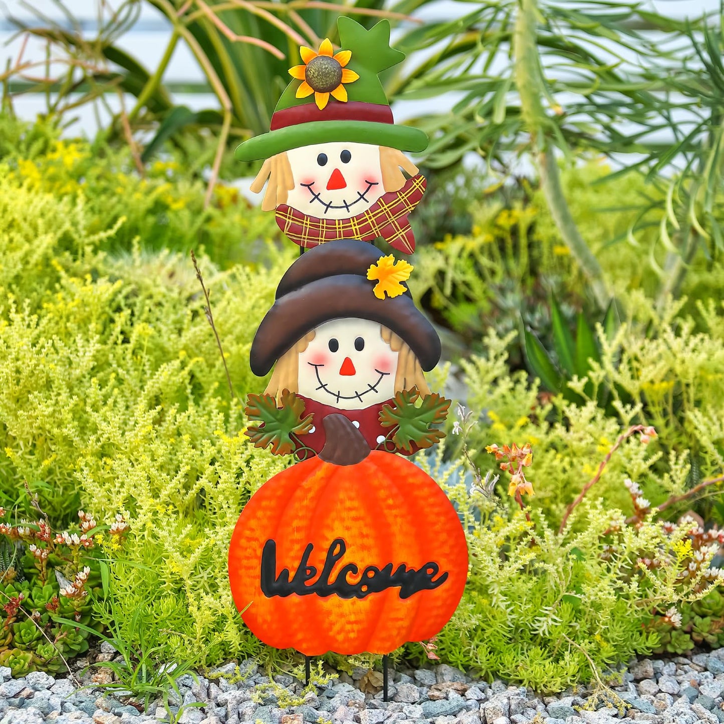 Fall Decorations for Home Outdoor, Metal Stacked Scarecrow & Pumpkin Yard Stakes, Welcome Sign Garden Stakes, Metal Yard Signs for Garden Lawn Patio Halloween/Thanksgiving Decor