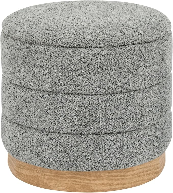 Round Storage Ottoman with Reversible Tray Lid, Folding Chenille Fabric