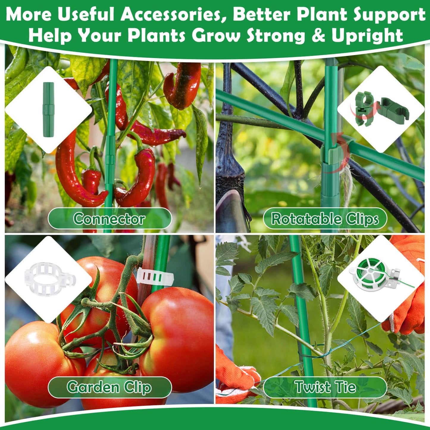 Tetutor 287 PCS Garden Stakes, Fiberglass Tomato Stakes, Garden Sticks with Accessories, 90 Sets DIY 4ft, 5ft, 6ft, 7ft Plant Stakes, Plant Sticks Supports for Indoor Outdoor Plants, Vegetables
