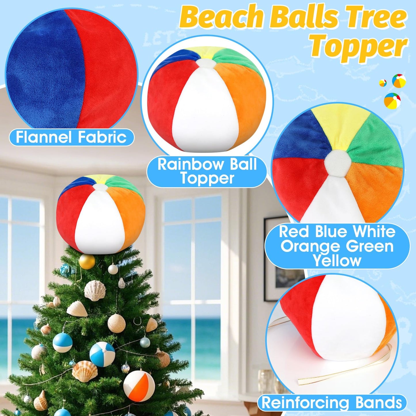 Summer Beach Ball Tree Topper, 8” Rainbow Beach Ball Tree Decor, Plush Stuffed Summer Tree Topper for Christmas in July Pool Beach Luau Hawaiian Themed Tropical Party