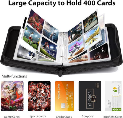 WOT I Trading Card Binder, 400 Pockets Card Binder Sleeves with Zipper, Double Sided Pockets Card Holder Carry Card Case for Baseball Card, Football Card