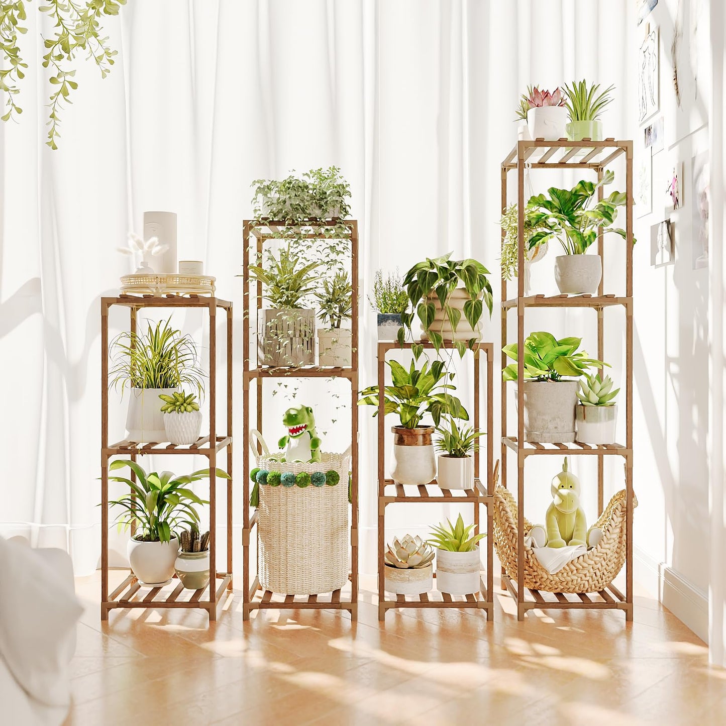 Bamworld Tall Plant Stands Indoor 4 Sets Plant Shelves Outdoor Wooden Plant Holder for Multiple Plants Flower Stands for Living Room Balcony Garden Patio Lawn Window