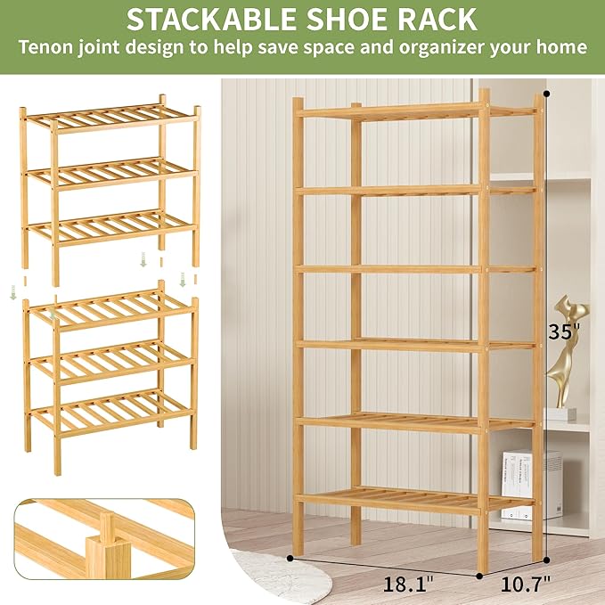 ROMGUAR CRAFT 6-Tier Bamboo Small Shoe Rack, Free Standing Wood Shoe Shelf