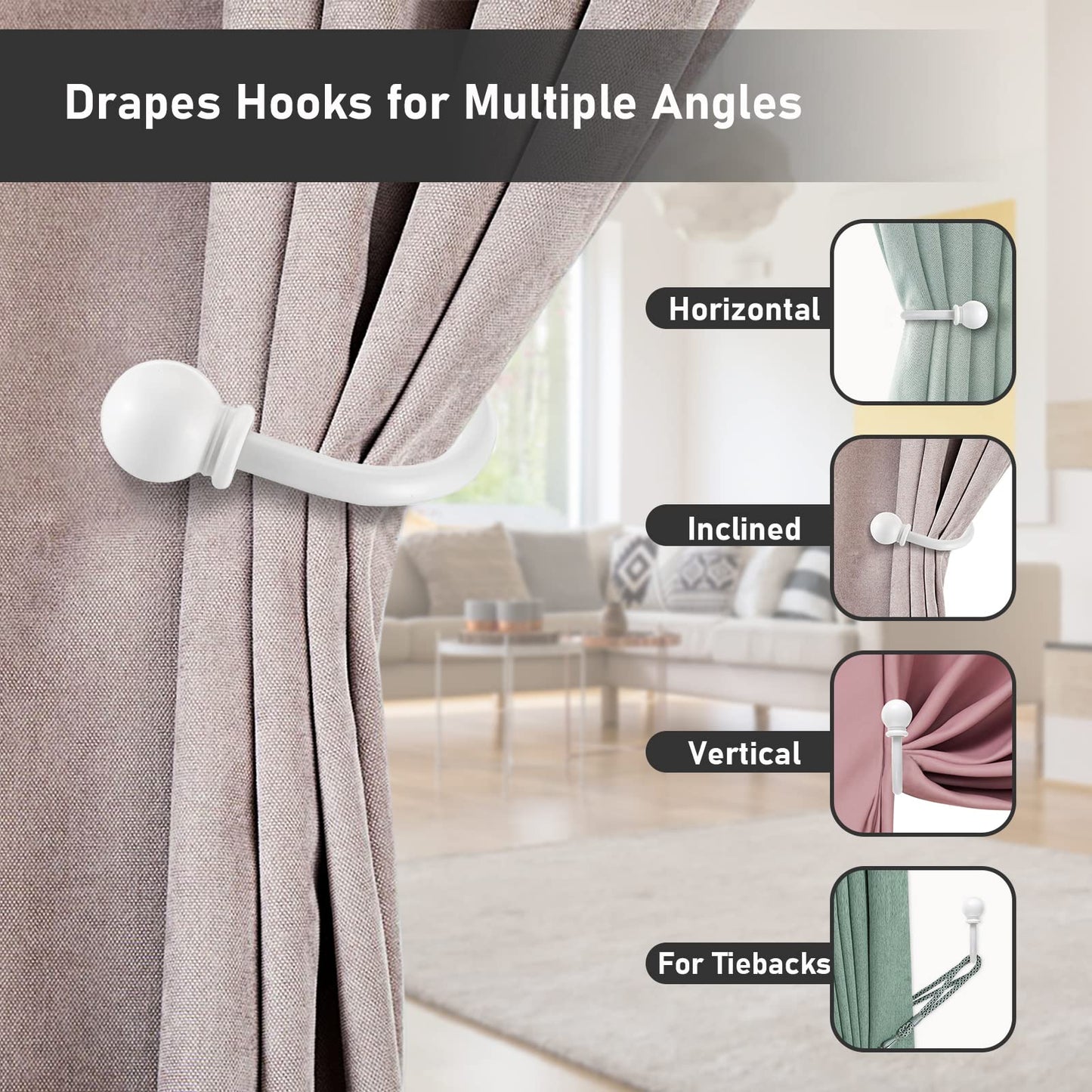 Sumnacon Set of 4 Decorative Curtain Holdbacks, Wall Mounted Aluminum Alloy Window Drapery Tiebacks for Bedroom, Livingroom Office Come with Screws, White