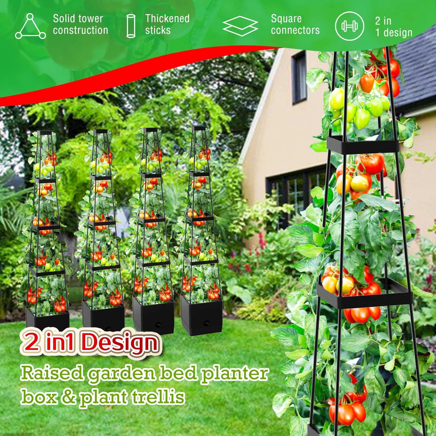 Raised Garden Bed Planter Boxes & Trellis, vanpein Tomato Cage & Planter Pot Outdoor 59" Plant Support with Self Watering for Climbing Vegetable Flowers Vines Plants, Gray