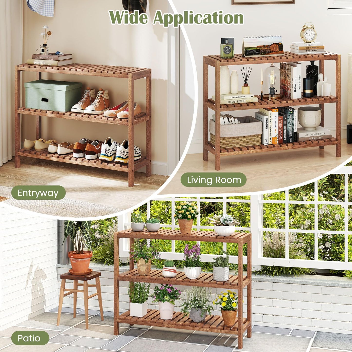 Giantex 3-Tier Wooden Bookshelf, Teak Wood Stand Storage Shelf, Rustic Plant Stand, Slatted Shelves, Farmhouse Storage Organizer, Multifunctional Display Rack for Entryway Living Room Bedroom