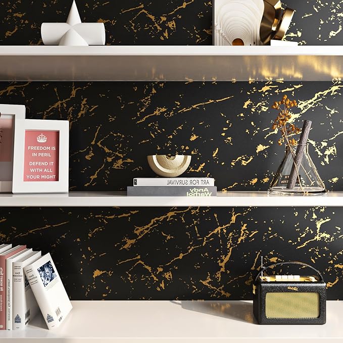 FunStick Thick Black and Gold Marble Contact Paper