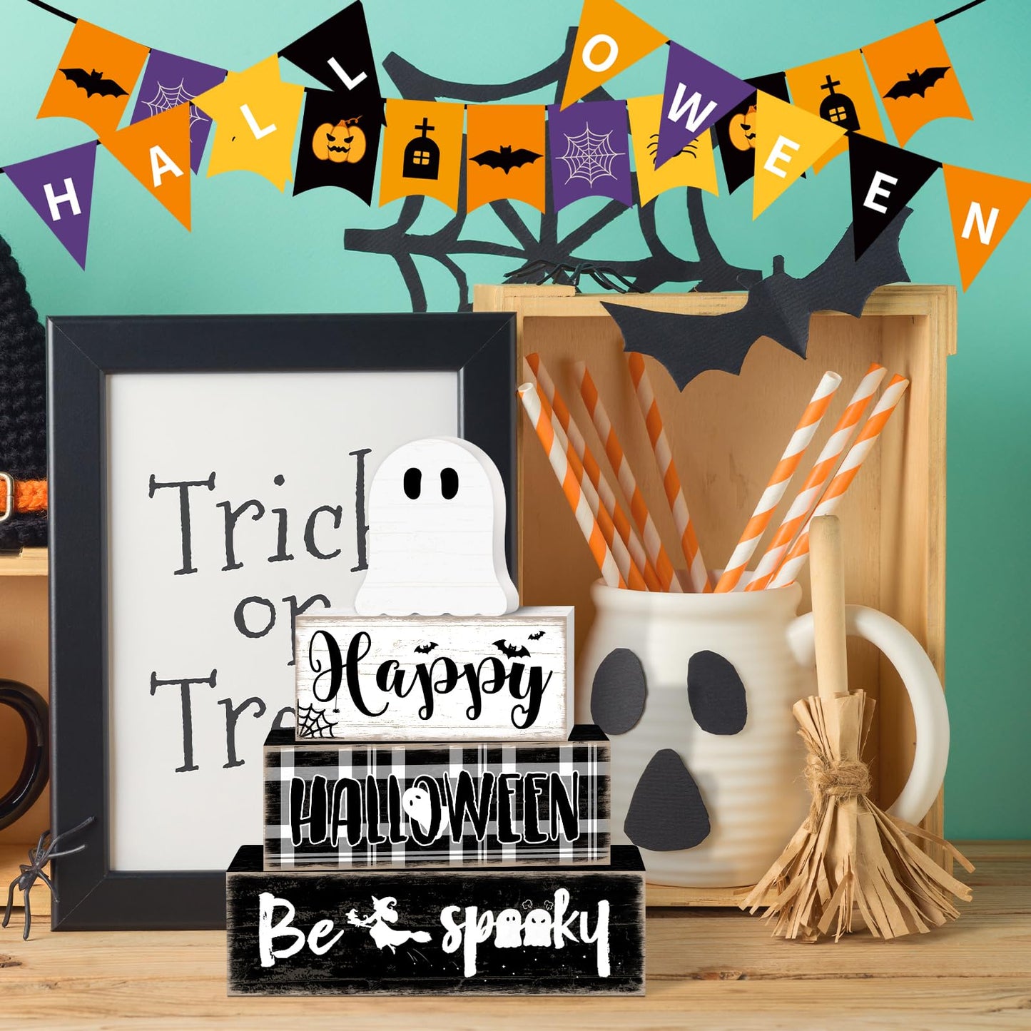 Britimes 4 Pcs Halloween Decorations for Home Ghost Table Decor Halloween Tiered Tray Decorations Set Gift Spooky Stack Block Signs Rustic Farmhouse Tabletop Decor for Table & Home Office