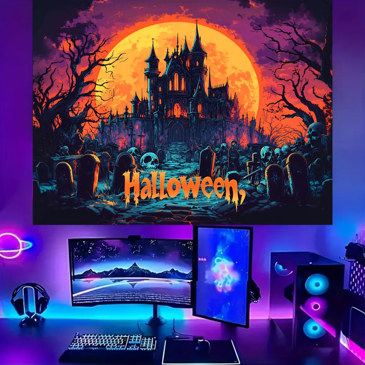 BSFHH Black Light Tapestry – UV Reactive Glow in the Dark Wall Hanging, Spooky Night Scene with Ghosts & Pumpkins, Haunting Home Decor for Parties, Bedroom, or Dorm (GHOST TOWN, 90L x 70W, Unframed)