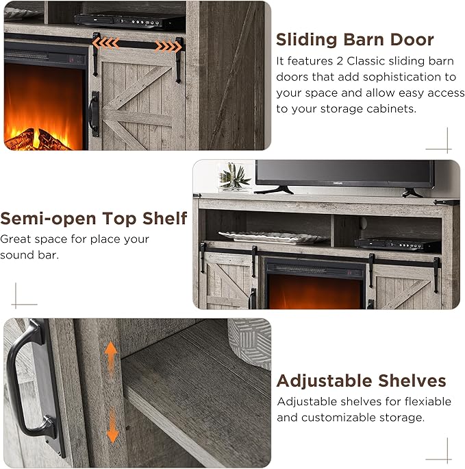 OKD Fireplace TV Stand for 65+ Inch TV, Rustic Media Console w/Sliding Barn