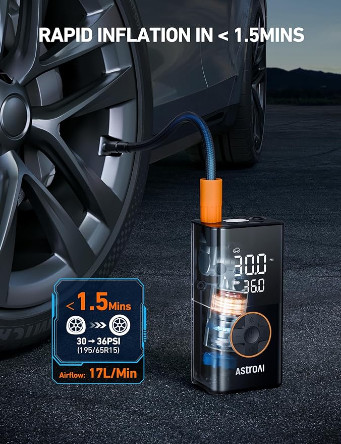 AstroAI L7 Tire Inflator Portable Air Compressor Cordless-2pack Bike Pump with Digital Dual Values Display, 150 PSI Car Tires Pump with LED Lights Air Pump for Cars, Motorcycles, Bikes, Balls Orange