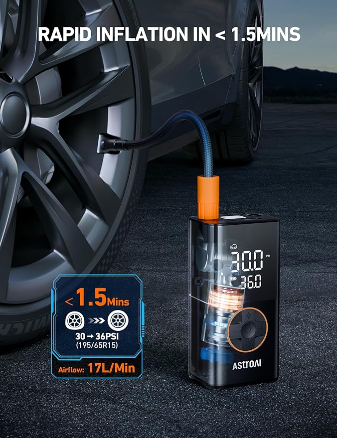 AstroAI L7 Tire Inflator Portable Air Compressor Cordless Mini Bike Pump with Digital Dual Values Display, 150 PSI Car Tires Air Pump with LED Lights&Pressure Gauge for Auto, Motorcycles, Bikes, Balls