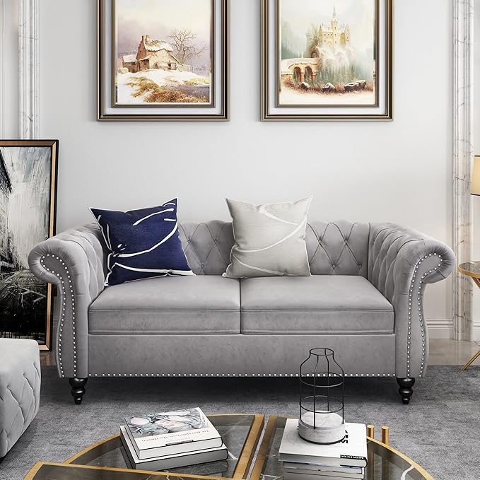 2 Piece Living Room Set, Velvet Chesterfield Sofa Loveseat Couch