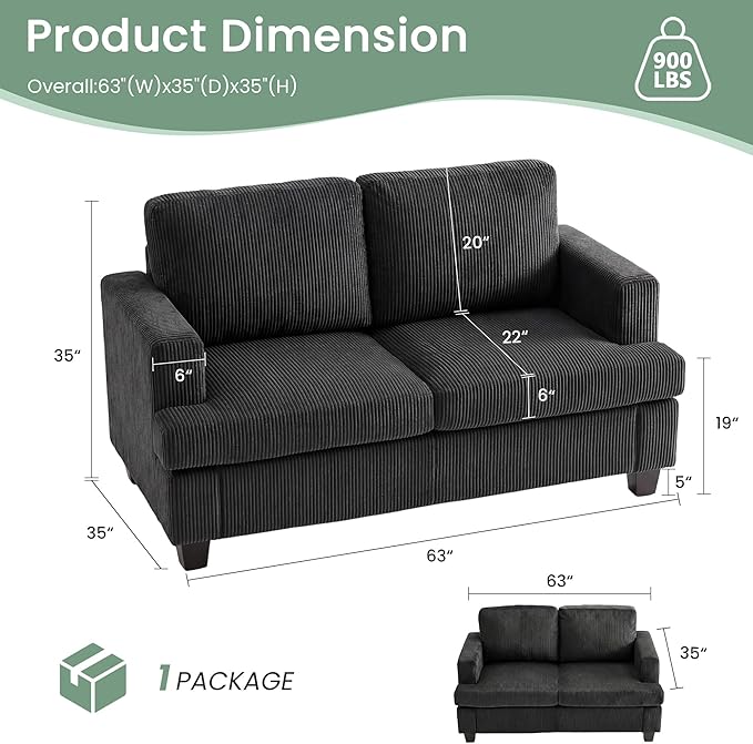 2 Pieces Corduroy Couch Set for Living Room, Deep Seat Floor Couch for Bedroom