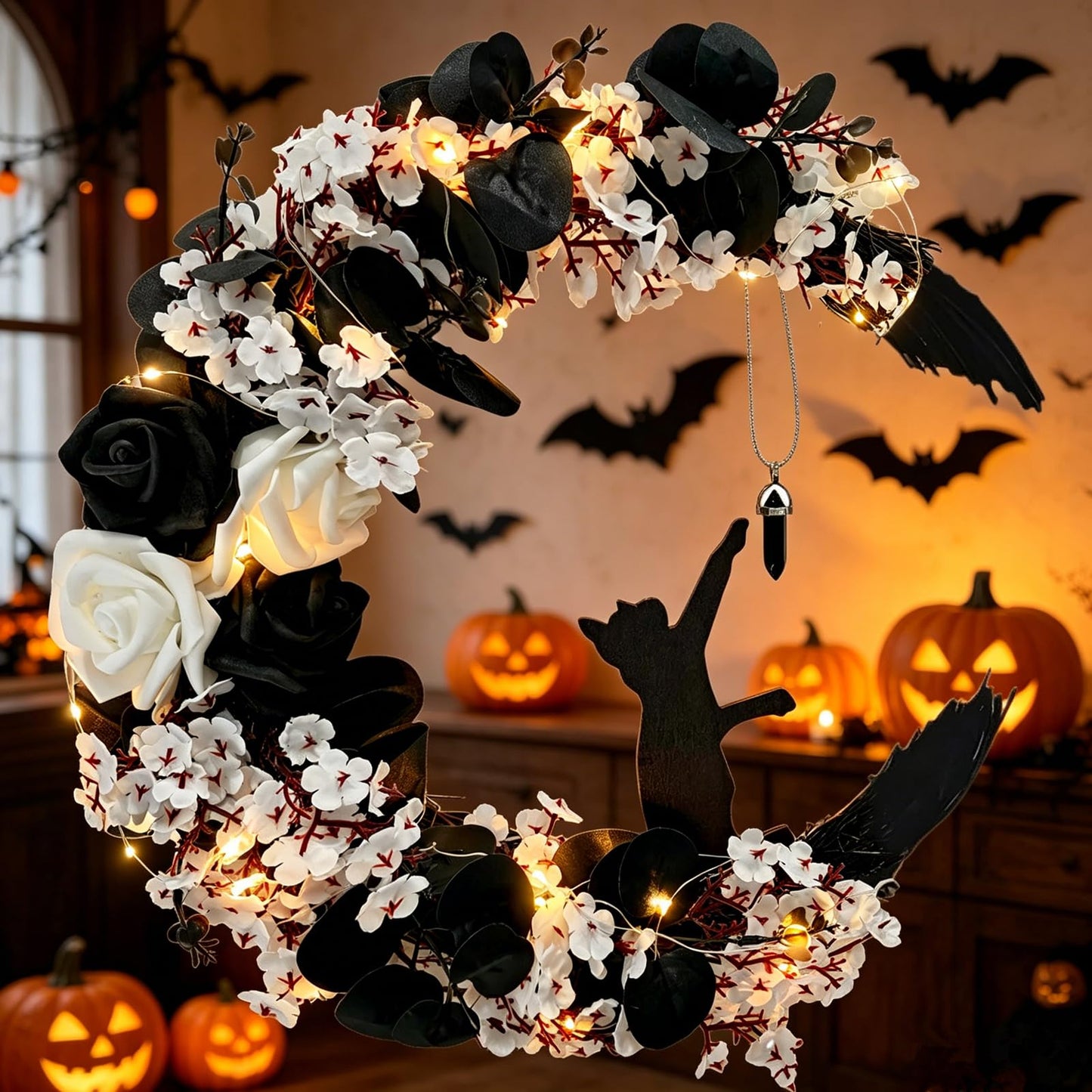 Halloween Wreath Moon Cat Black White Wreath Halloween Decor 13.7in×9.8in