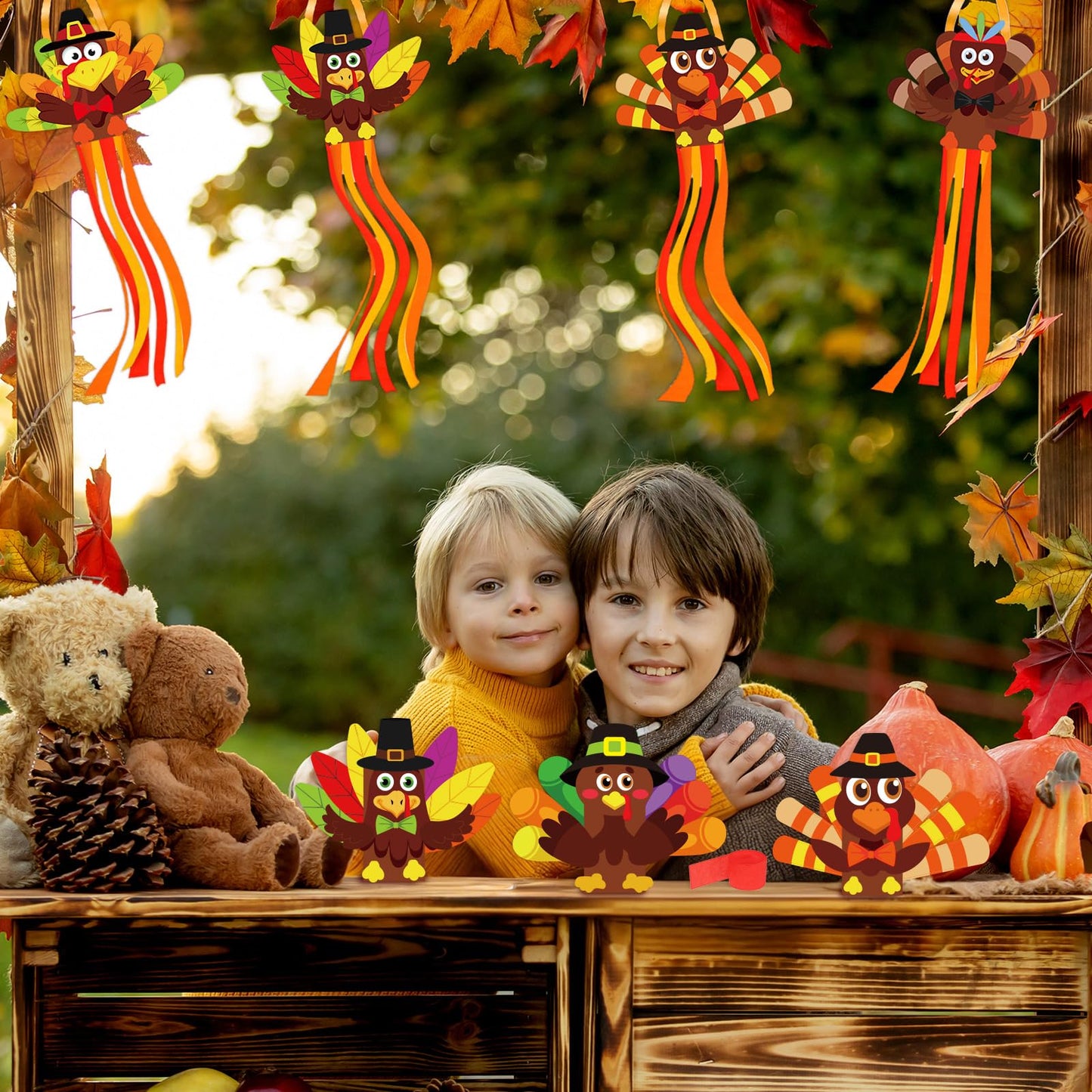 Cinrobiye 24 Set Turkey Windchime Craft Thanksgiving Windsock Kits DIY Wind Chime Flags Fall Hanging Ornament Wind Socks Farmhouse Yard Garden Patio Lawn Decor for Home School Activities Supplies