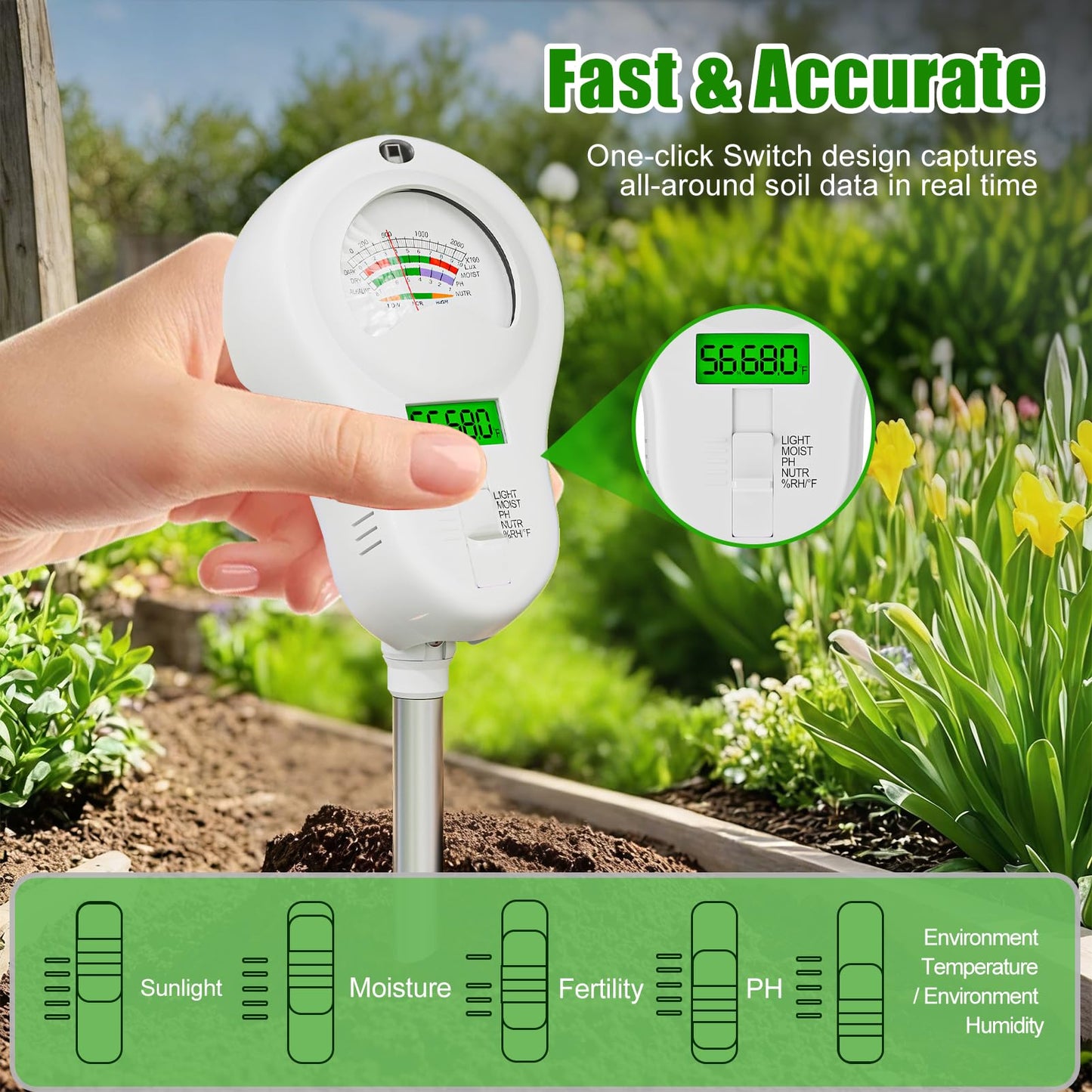 SPECILITE 6-in-1 Soil Tester, Digital Soil Moisture Meter/PH Meter/Sunlight/Temperature/Fertility Monitor with 2 Removable Probe, Dual Screen Soil Test Kit for Gardening, Lawn, Indoor & Outdoor Plant