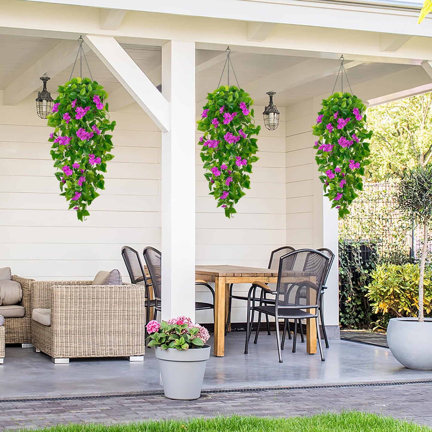BLEUM CADE Artificial Hanging Flowers for Outdoors, 2pcs Fake Hanging Plants Pothos Vines with Purple Flowers for Wall Home Living Room Indoor Outdoor Decor (No Baskets)