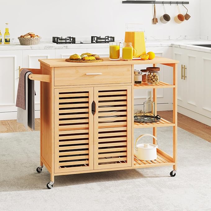 Giantex Bamboo Kitchen Island Cart, Mobile Serving Cart