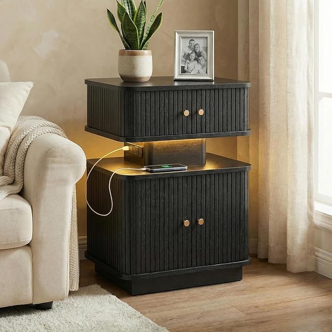 LED Nightstand Set of 2, Fluted Night Stand