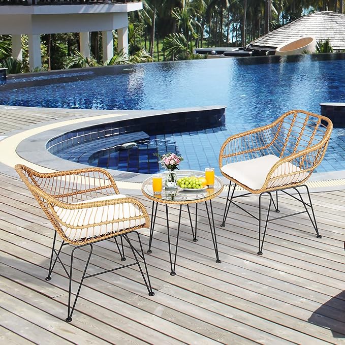 Tangkula 3 Pieces Patio Bistro Set, Rattan Conversation Set