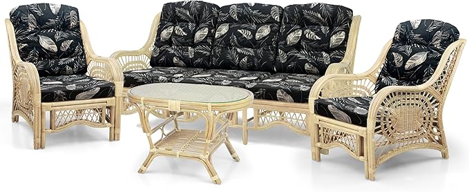 Malibu Lounge Set of 4: 2 Natural Rattan Wicker Chairs, Three-Seater Sofa and