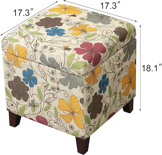 Adeco 18 Inch High Cube Ottoman Storage, Floral Printed Linen Chair Foot Stools