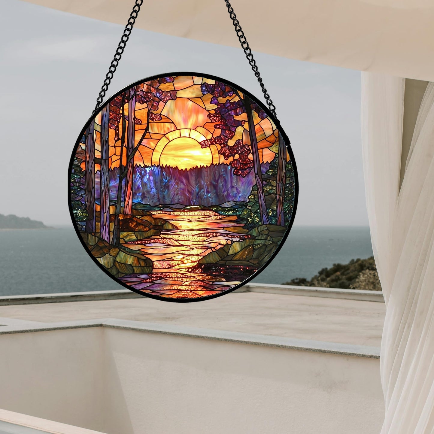 JOSUMALY Stained Glass Window Hanging, Orange Landscape Green Purple Lake Forest Suncatcher for Doors Window Home Sun Catchers Decor Mother's Day Birthday Gifts for Women Men Mom 9.8 in