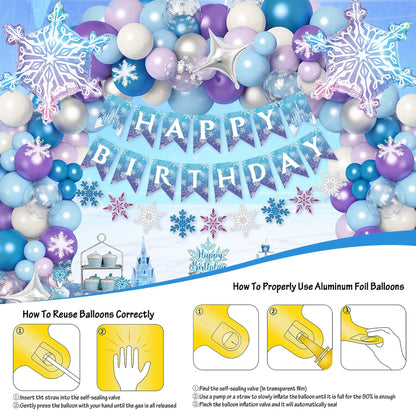 Frozen Birthday Decorations for Girls,Happy Birthday Banners,Blue Purple Balloon Arch Garland Kit,Party Decor Supplies,Foil Snowflake Balloons,Tablecloth