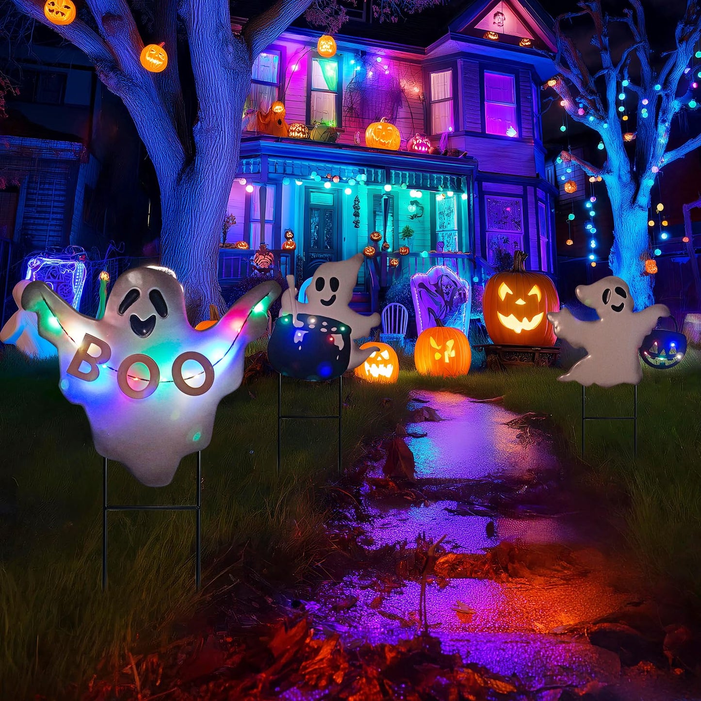 HONGLAND Solar Powered Halloween Yard Stakes, 3 Pack 24" Metal Outdoor Decor with Ghost, Pumpkin and Cauldron for Garden, Lawn, Patio