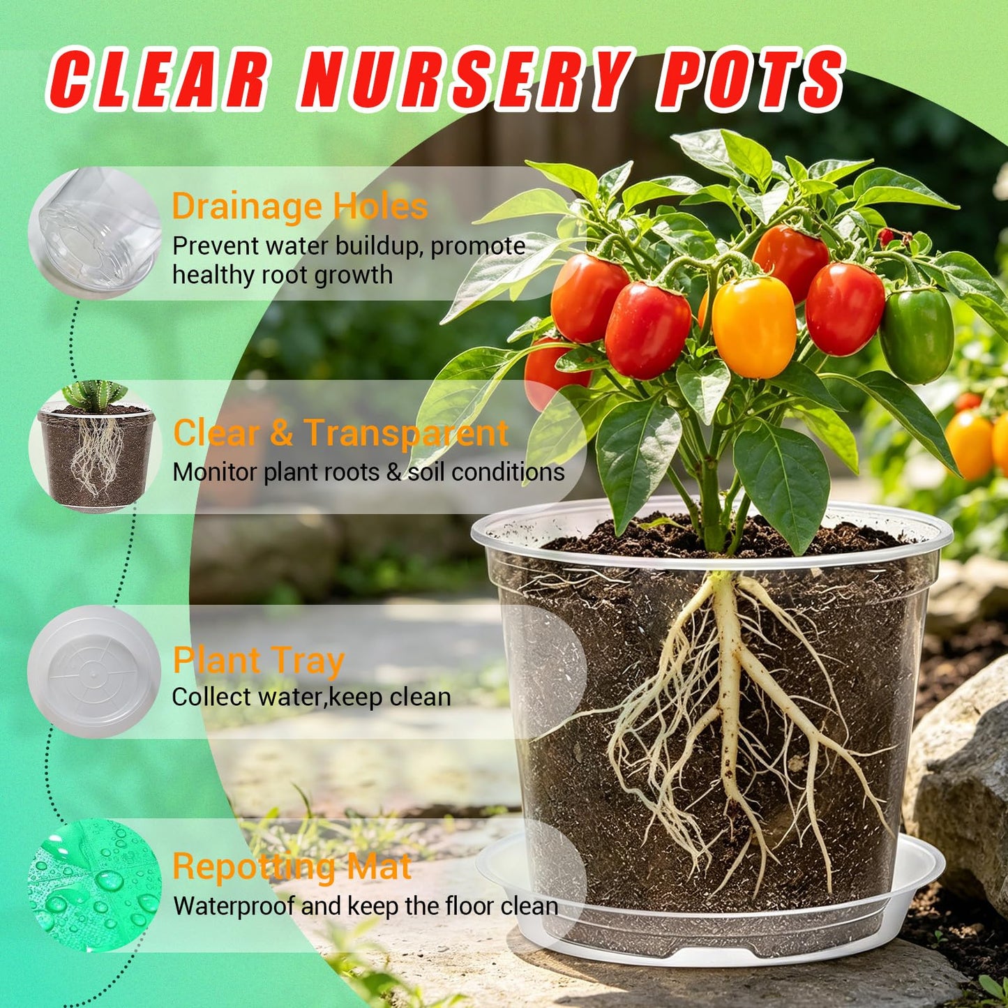 3/4/5/6/7 Inch Clear Plastic Nursery Pots with Drainage Holes and Saucers, 30Pcs Seedling Starter Flower Pots with Repotting Mat, Plant Labels and Tools Sets for Flower Herb, Succulent Transplanting