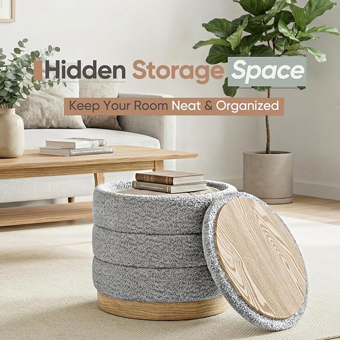 Round Storage Ottoman with Reversible Tray Lid, Folding Chenille Fabric