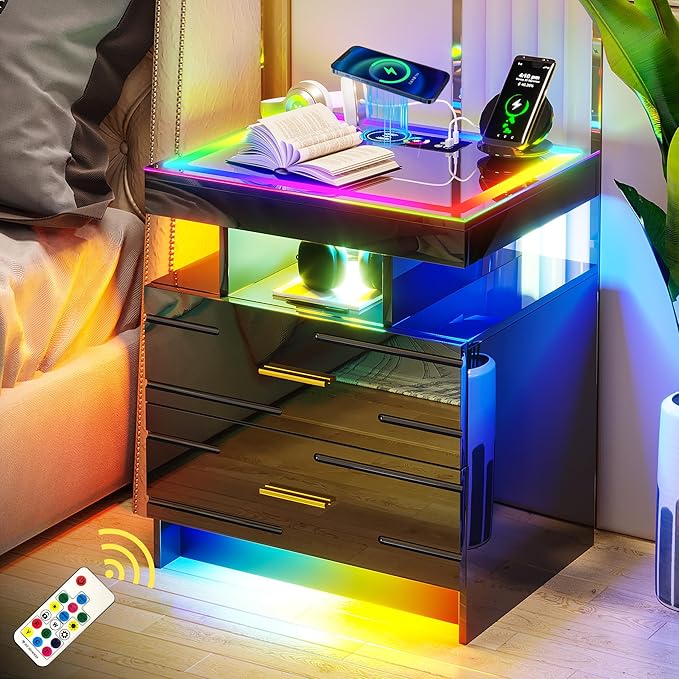 WOOVIVS Nightstand with 24 Colorful Lighst, LED Night Stand with