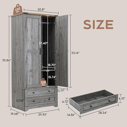 Brafab Armoire Wardrobe Closet with 2 Modern Doors Set of 2, 71" Tall Freestanding Closet Wardrobe Cabinet with Drawers and Hanging Rail, Light Wooden Storage Cabinet with Shelve for Bedroom, Grey
