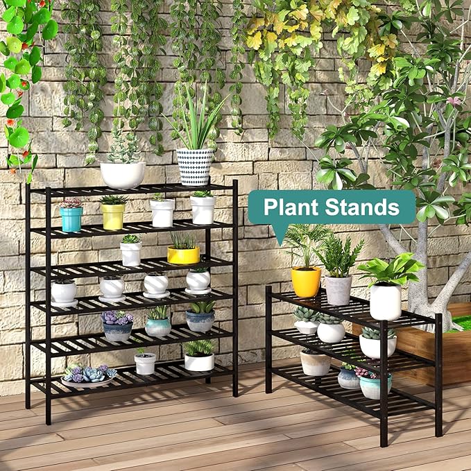 viewcare 3-Tier Long Black Shoe Rack, Bamboo Wood Shoe Rack