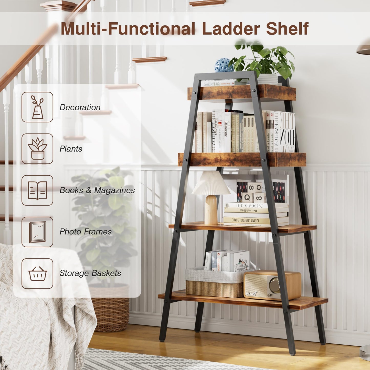 VECELO Book Shelf, 4 Tier Wooden Ladder Bookcase with Metal Frame, Enclosed Edges Combined with Open Display, Decorative and Plant Stand for Living Room/Farmhouse/Bedroom/Home Office-Brown