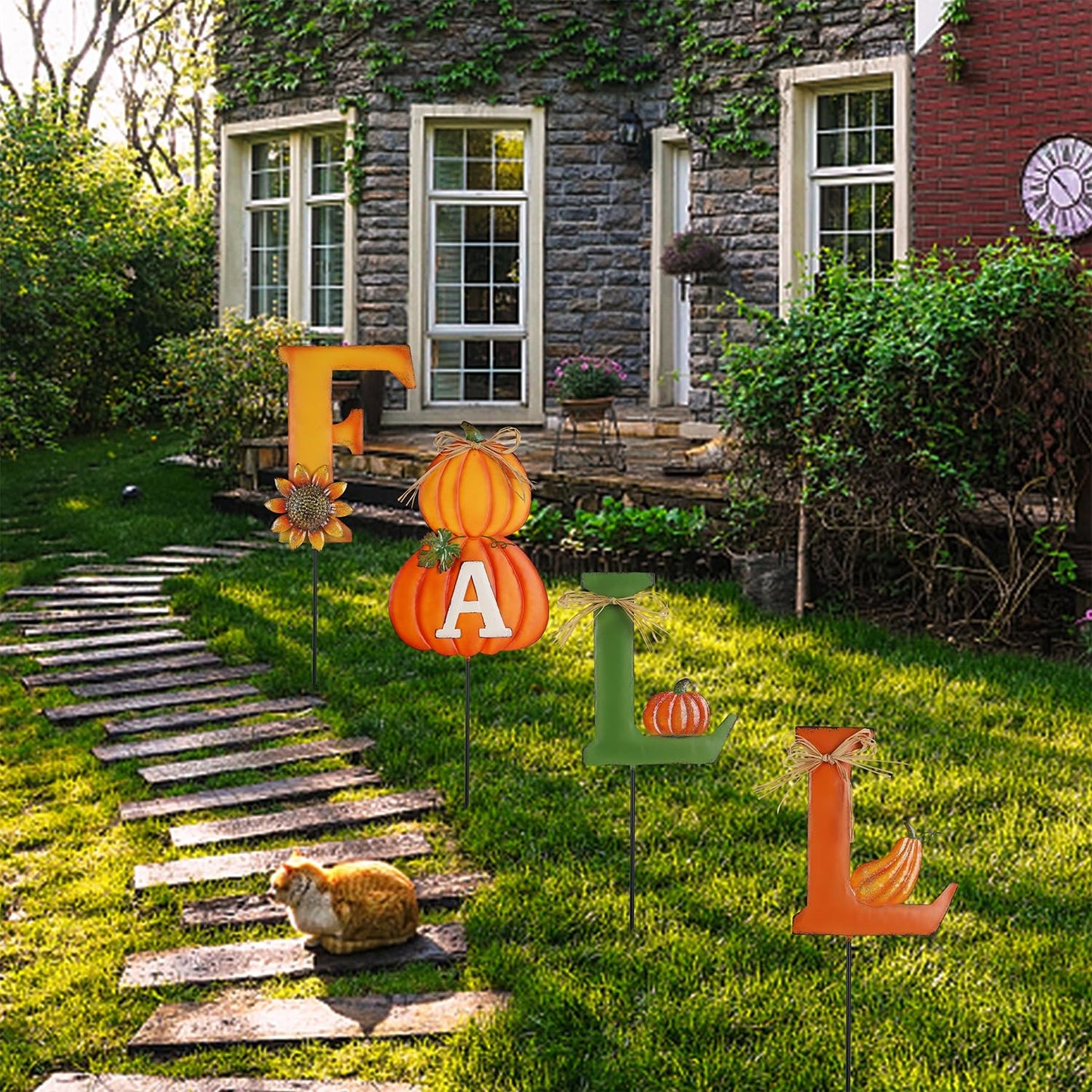 Juegoal 4 Pcs Fall Decorative Garden Stakes, 24 Inch Letter Metal Yard Sign with Pumpkins, Outdoor Art Stake for Thanksgiving Decorations Autumn Harvest Patio Lawn Walkway, Style A
