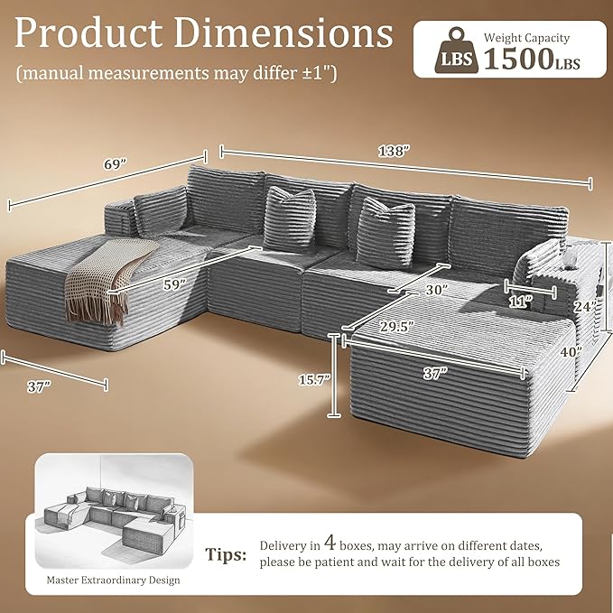 138" Oversized Cloud Sectional Couch, Comfort U Shaped Boneless Couch