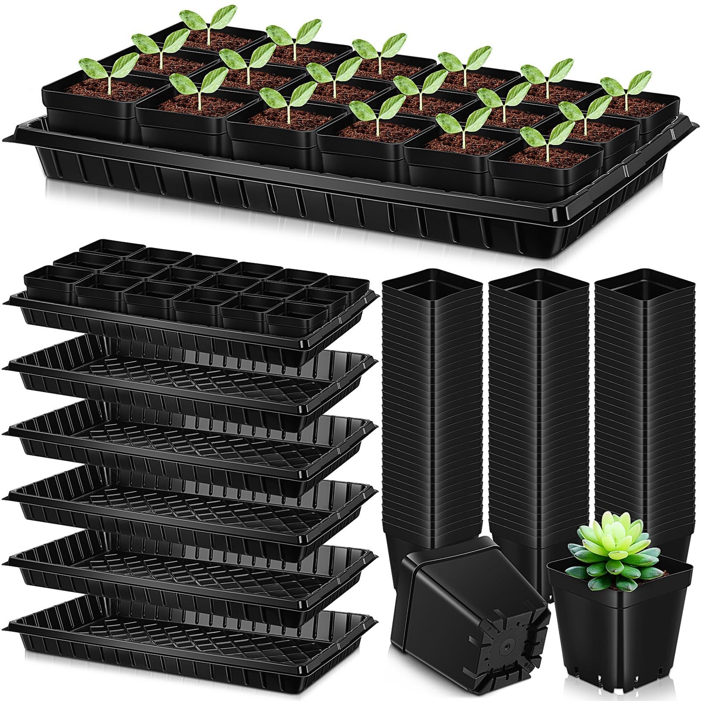 Barydat 6 Set Seed Starter Trays with 108 Pcs Square Nursery Pots 20 x 10 Inch Microgreens Plant Growing Large Seed Starting Trays Square Plant Pot for Seedlings Indoor Gardening or Hydroponic