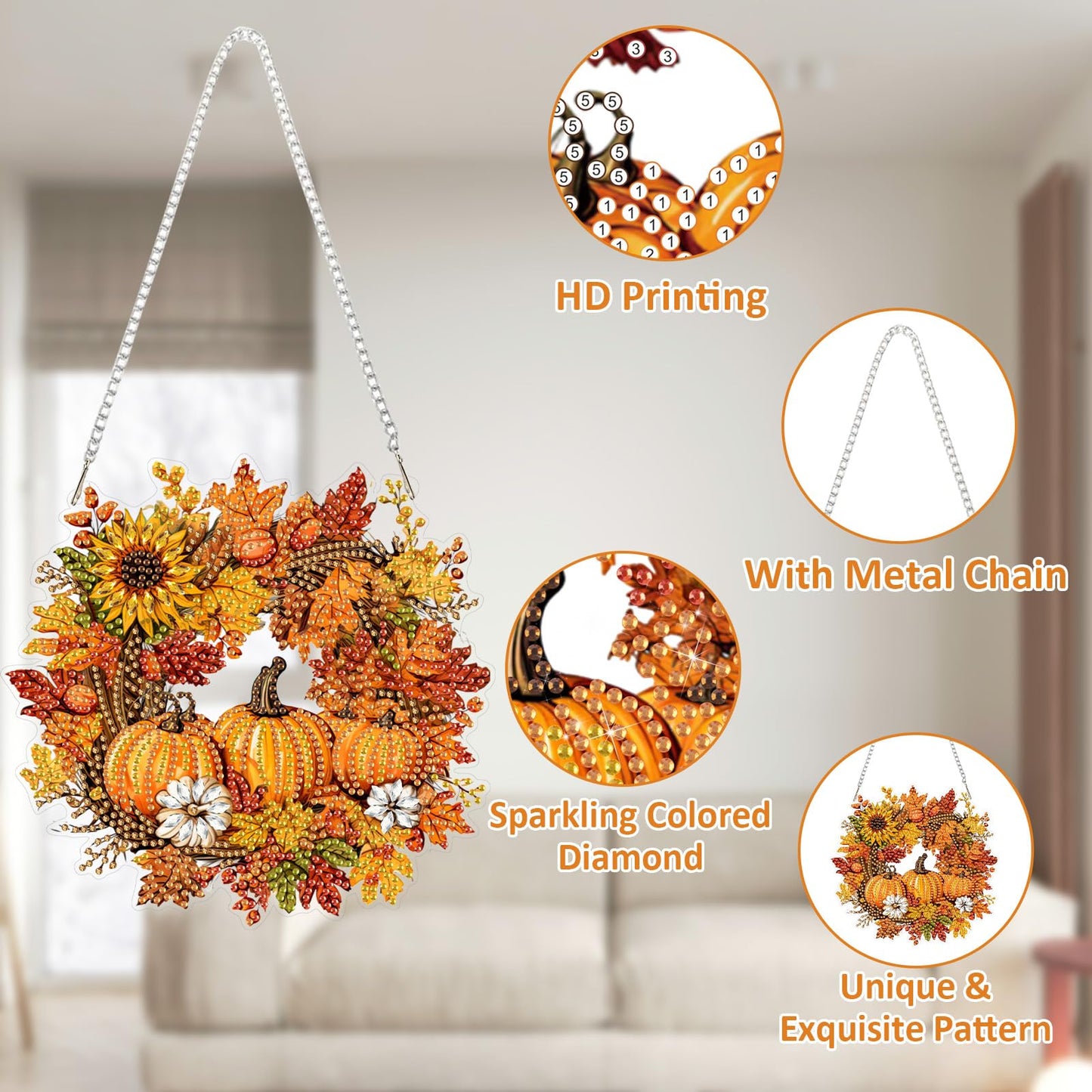 SENQAO Halloween Diamond Art Hanging Kits for Adults Beginners, DIY Acrylic 5D Special Shaped Crystal Diamond Gem Art Painting Hanging Ornament for Home Wall Decor and Gift（Fall Pumpkin Wreath）