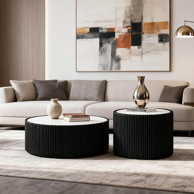 Round Marble Coffee Table Set of 2, 2 Piece White Coffee Table and End Table Set