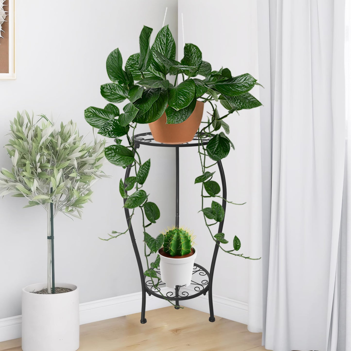 NOAMOO Metal Plant Stand 2 Tier Indoor Outdoor, Tall Flower Pot Shelf Rustproof Stable Corner Stand, 25.2 inch Multiple Plant Display Rack for Living Room Patio Balcony Garden, 2 Pack