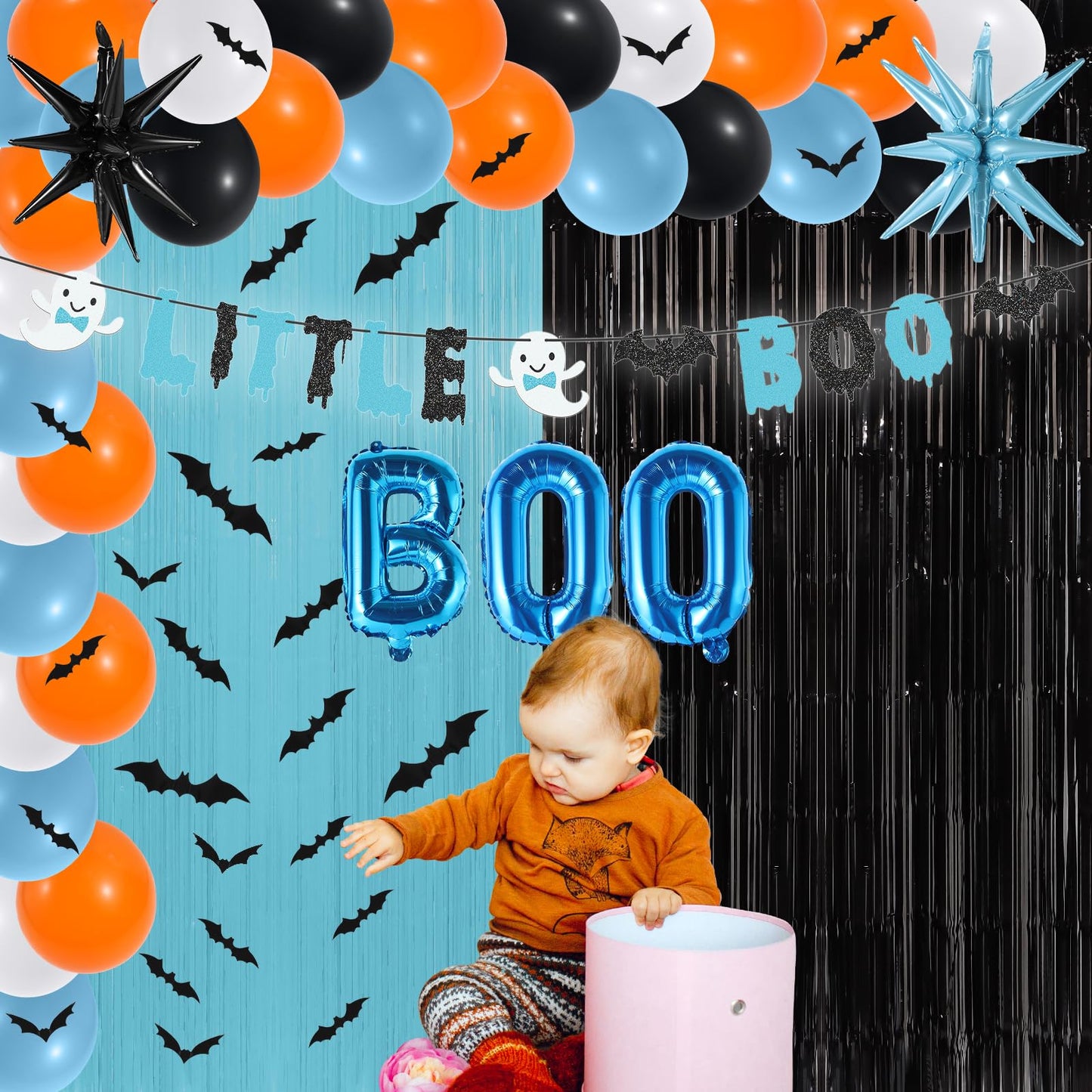 80Pcs Halloween Baby Shower Decorations Spooky Little Boo Baby Shower Party Supplies Blue Black Backdrop 3D Bat Stickers Ghost Banner BOO Explosion Star Balloons for Halloween Birthday Gender Reveal