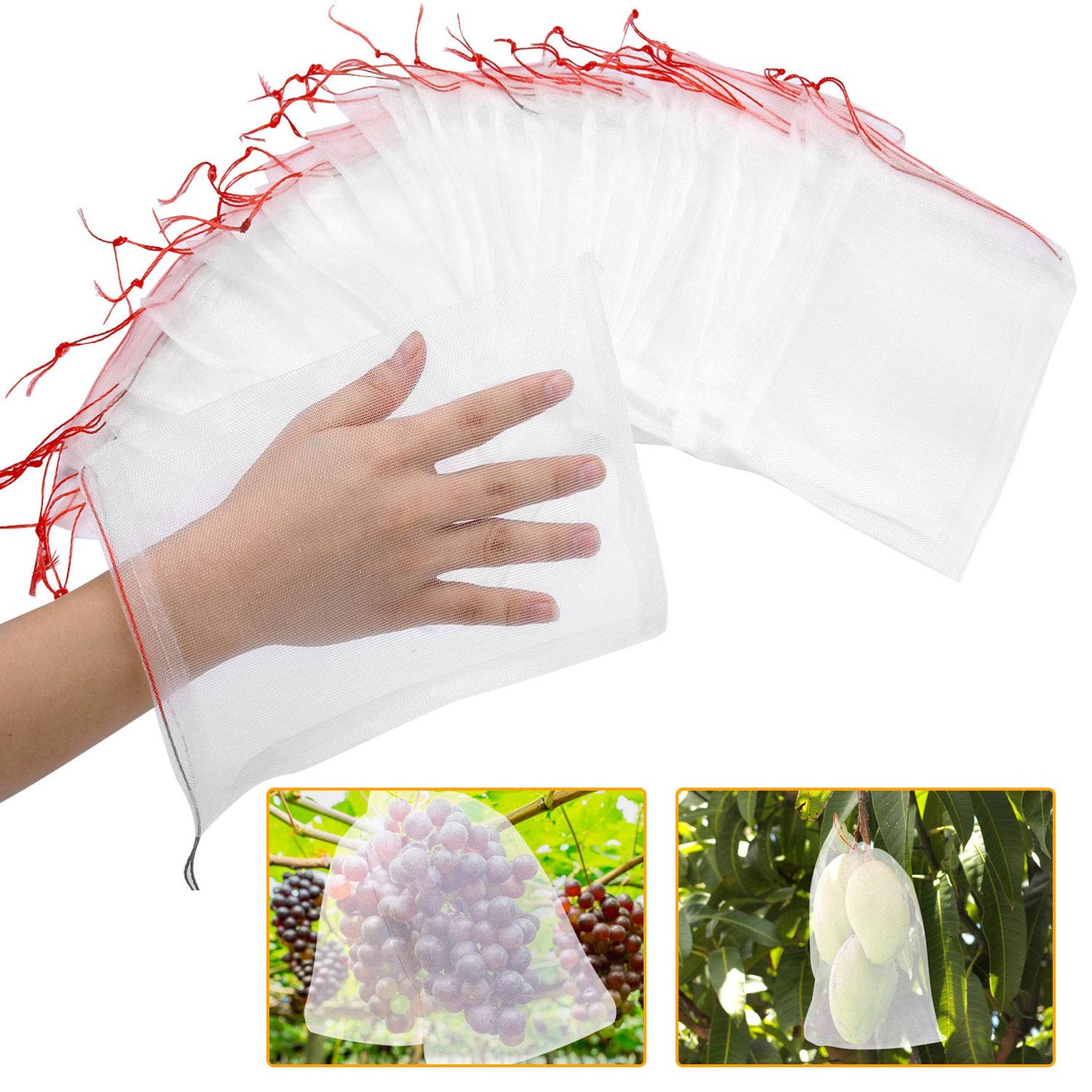 Kikhope 50 Pcs Fruit Protection Netting Bags, 10"x6" With Drawstring, Garden Barrier for Protecting Fruits